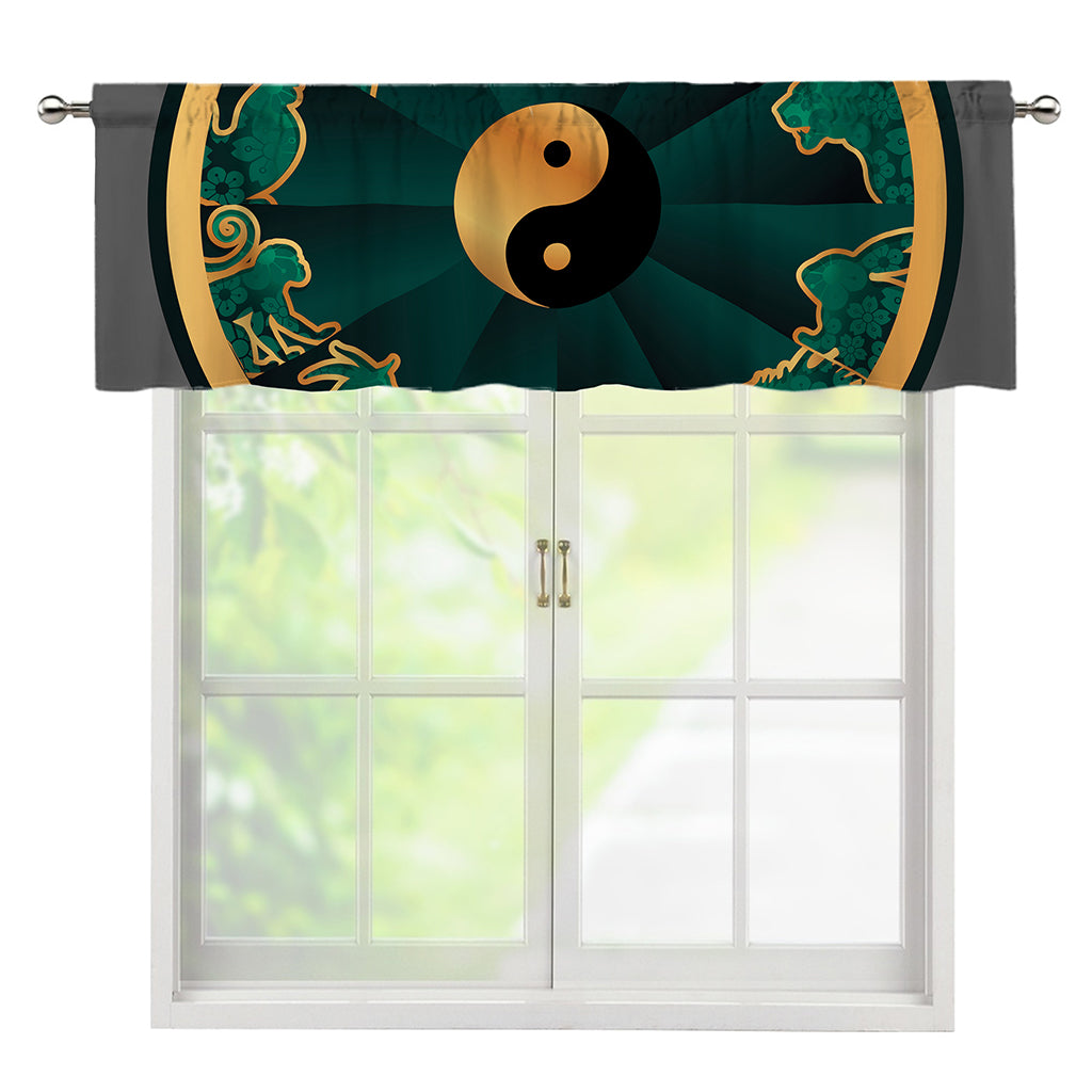 Green And Gold Chinese Zodiac Print Window Valance