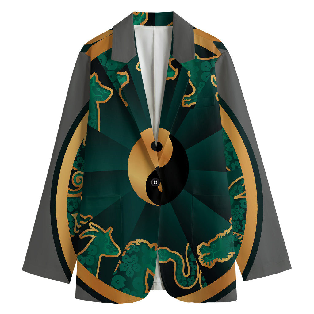 Green And Gold Chinese Zodiac Print Women's Blazer