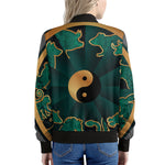 Green And Gold Chinese Zodiac Print Women's Bomber Jacket