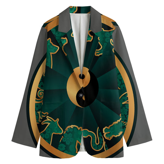 Green And Gold Chinese Zodiac Print Women's Cotton Blazer
