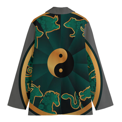 Green And Gold Chinese Zodiac Print Women's Cotton Blazer