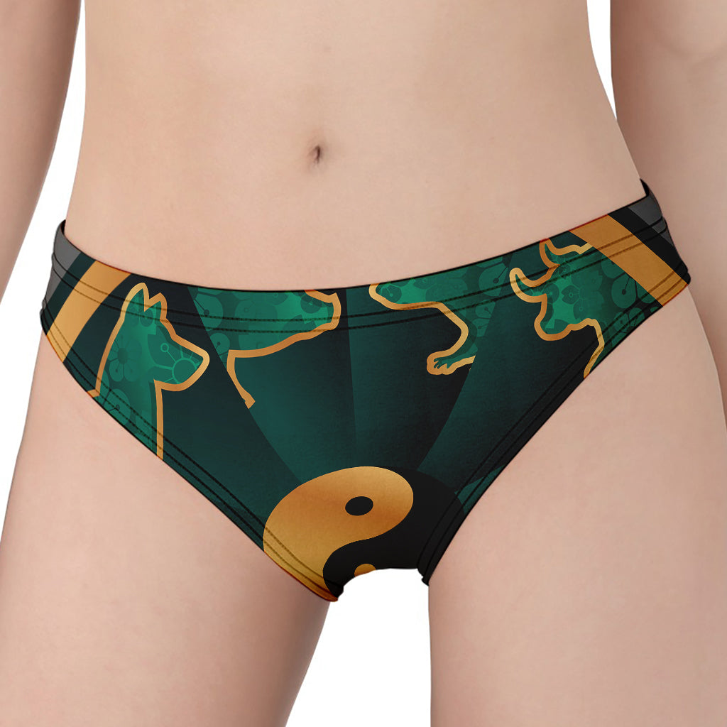 Green And Gold Chinese Zodiac Print Women's Panties