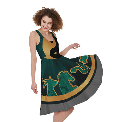 Green And Gold Chinese Zodiac Print Women's Sleeveless Dress