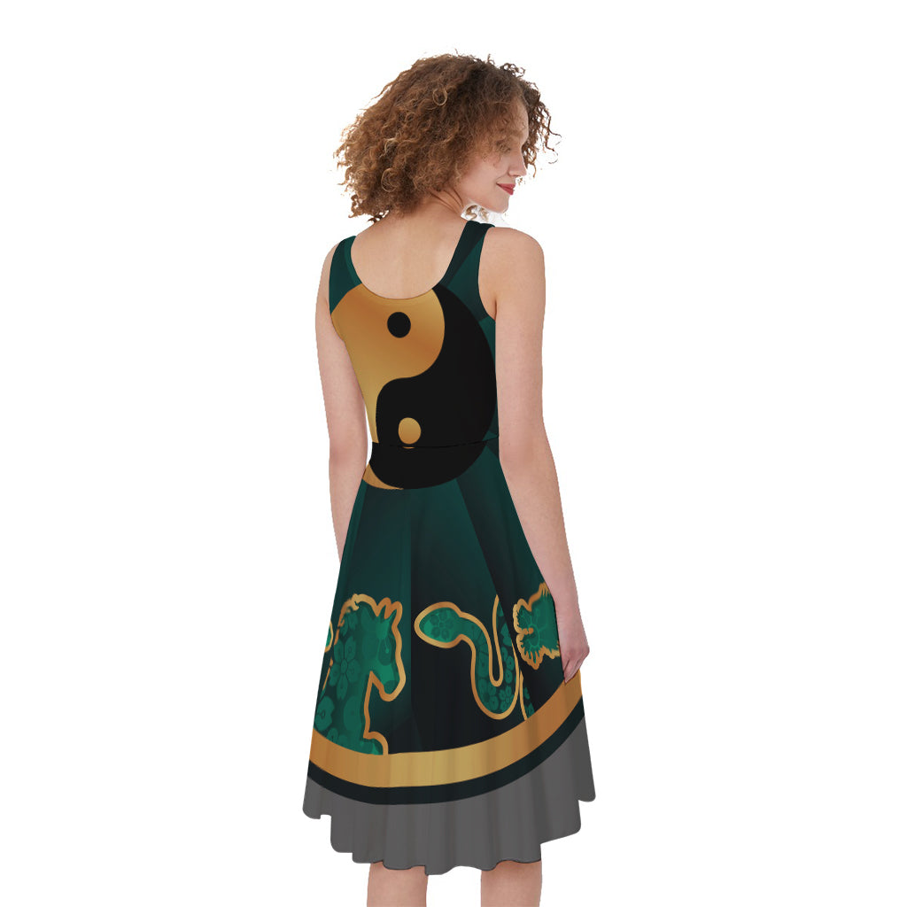 Green And Gold Chinese Zodiac Print Women's Sleeveless Dress