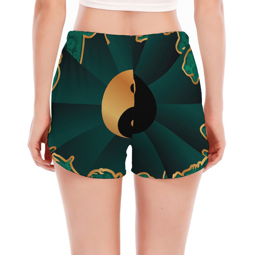 Green And Gold Chinese Zodiac Print Women's Split Running Shorts