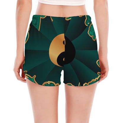 Green And Gold Chinese Zodiac Print Women's Split Running Shorts