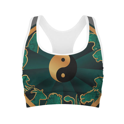 Green And Gold Chinese Zodiac Print Women's Sports Bra