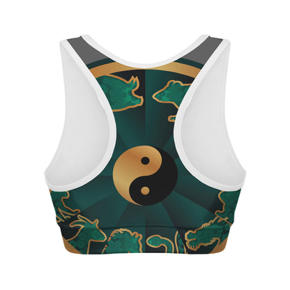 Green And Gold Chinese Zodiac Print Women's Sports Bra