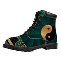Green And Gold Chinese Zodiac Print Padded Collar Lace Up Boots
