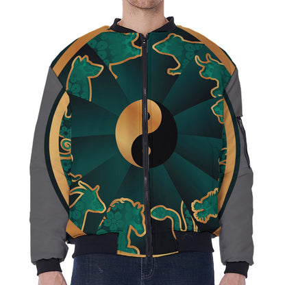 Green And Gold Chinese Zodiac Print Zip Sleeve Bomber Jacket