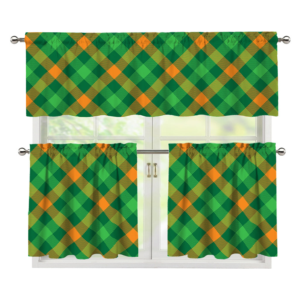 Green And Orange Buffalo Plaid Print 3 Piece Kitchen Curtains