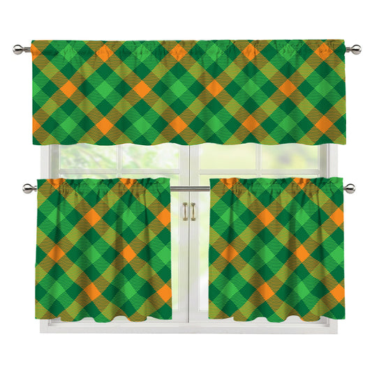 Green And Orange Buffalo Plaid Print 3 Piece Kitchen Curtains