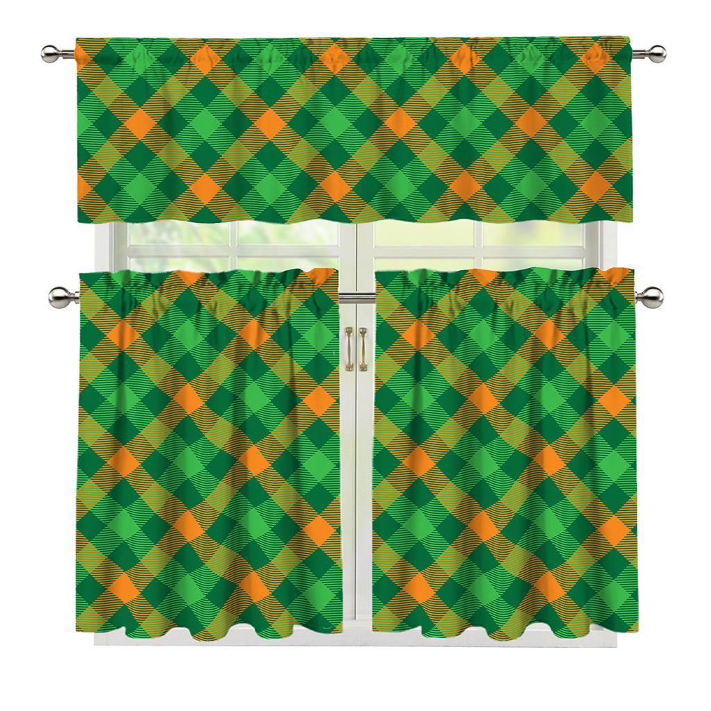 Green And Orange Buffalo Plaid Print 3 Piece Kitchen Curtains
