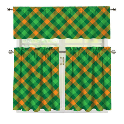 Green And Orange Buffalo Plaid Print 3 Piece Kitchen Curtains