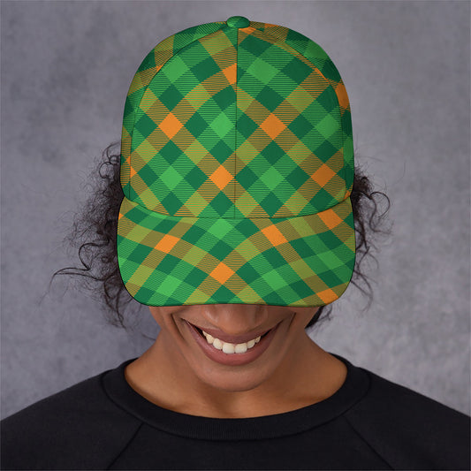 Green And Orange Buffalo Plaid Print Baseball Cap