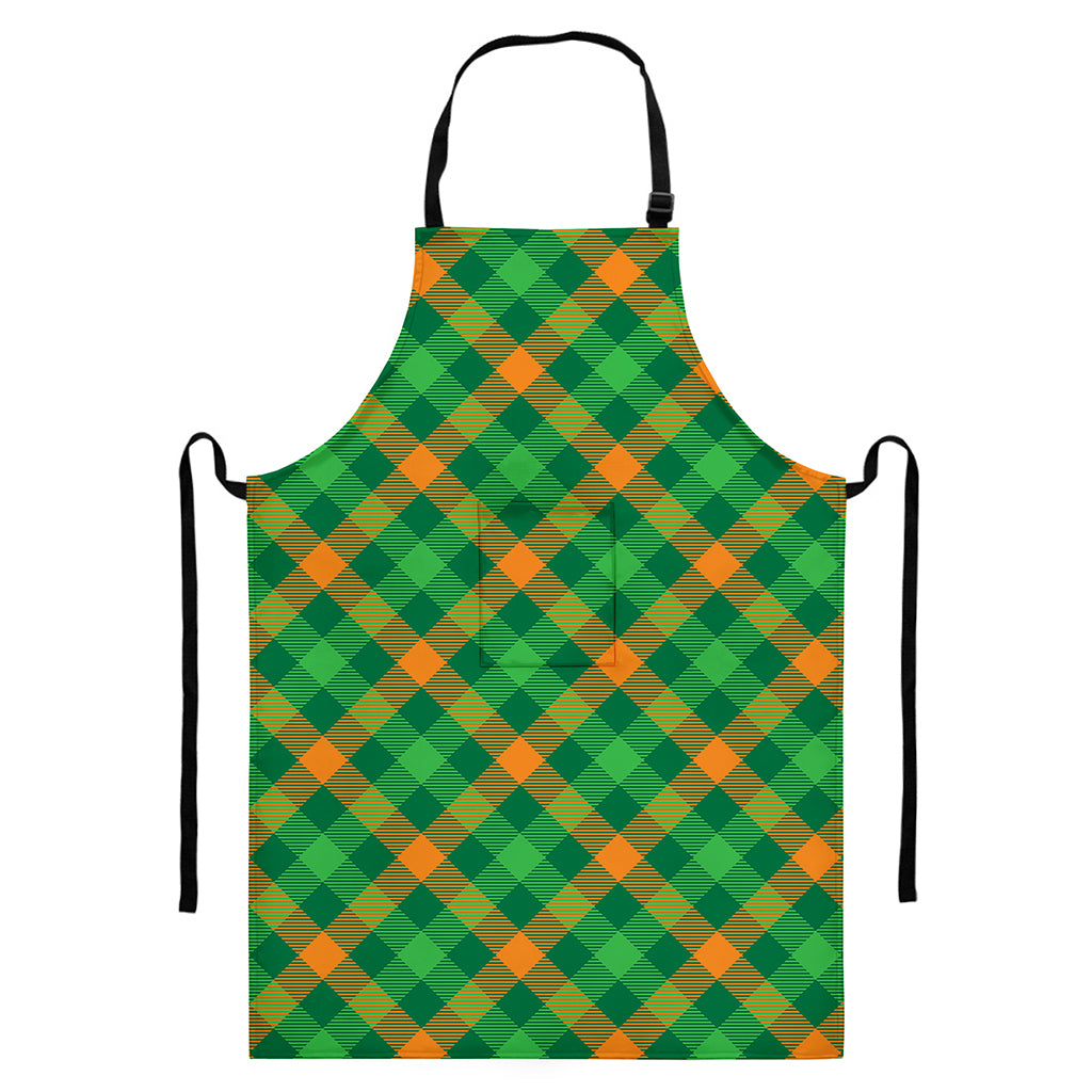 Green And Orange Buffalo Plaid Print Bib Apron With Pocket