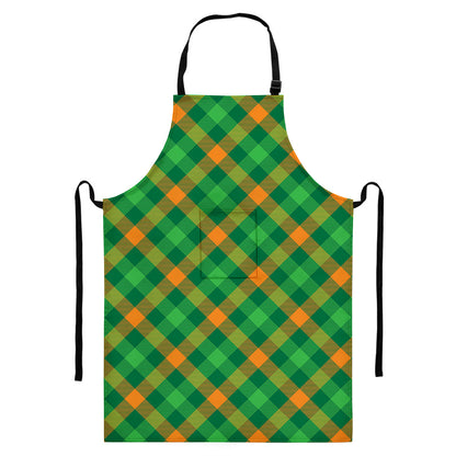 Green And Orange Buffalo Plaid Print Bib Apron With Pocket