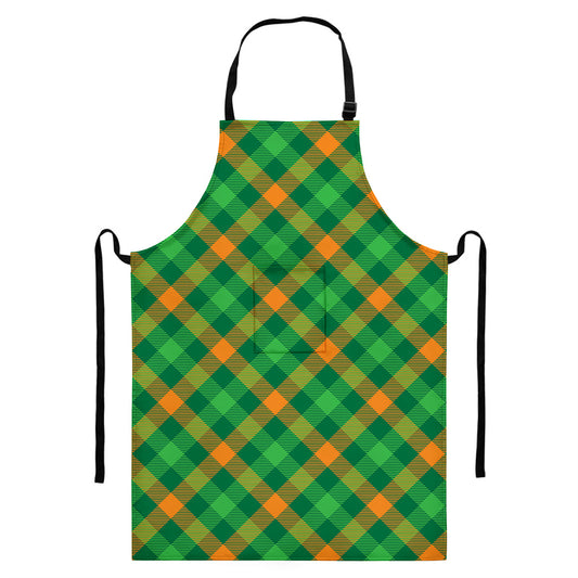 Green And Orange Buffalo Plaid Print Bib Apron With Pocket