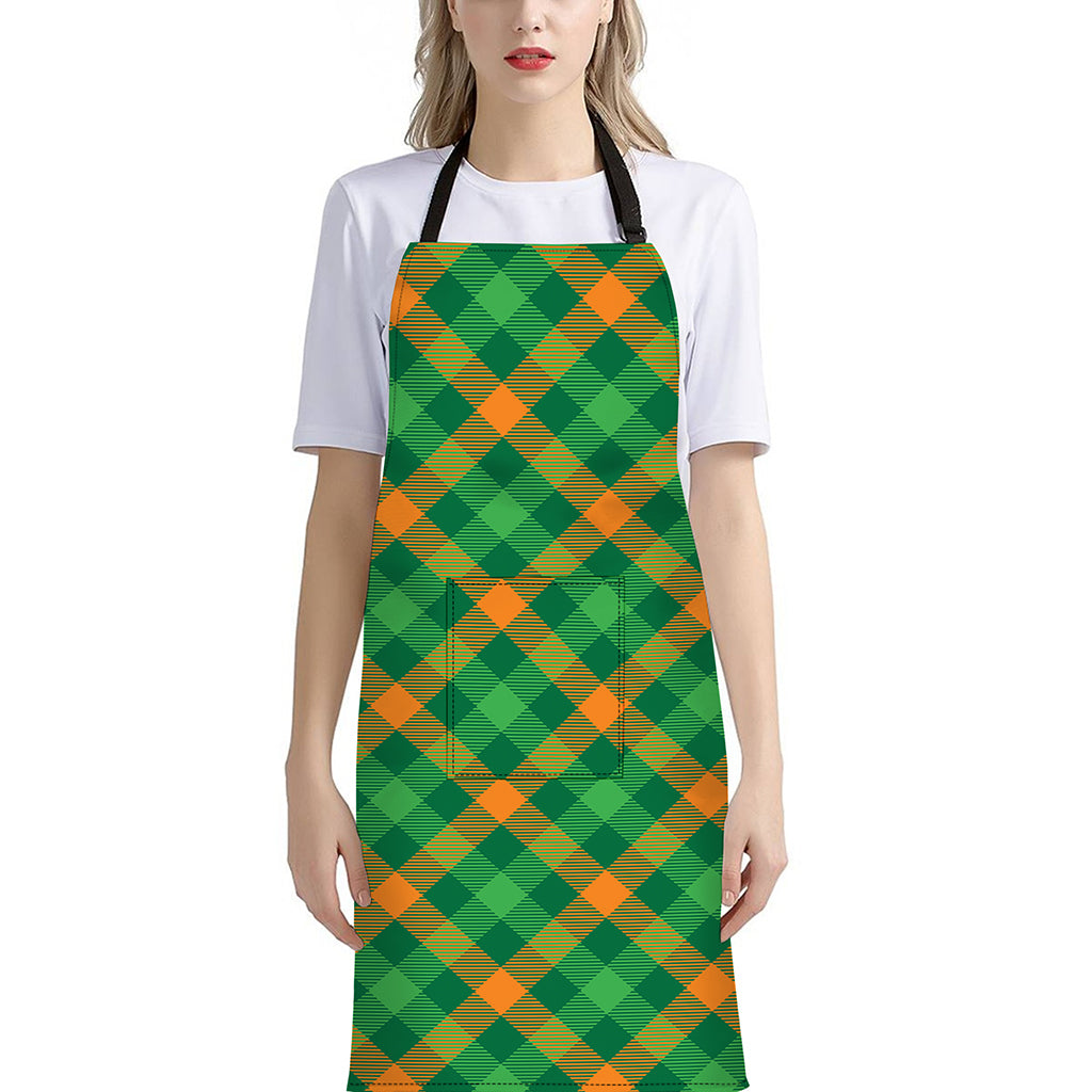 Green And Orange Buffalo Plaid Print Bib Apron With Pocket