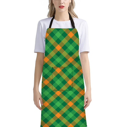 Green And Orange Buffalo Plaid Print Bib Apron With Pocket