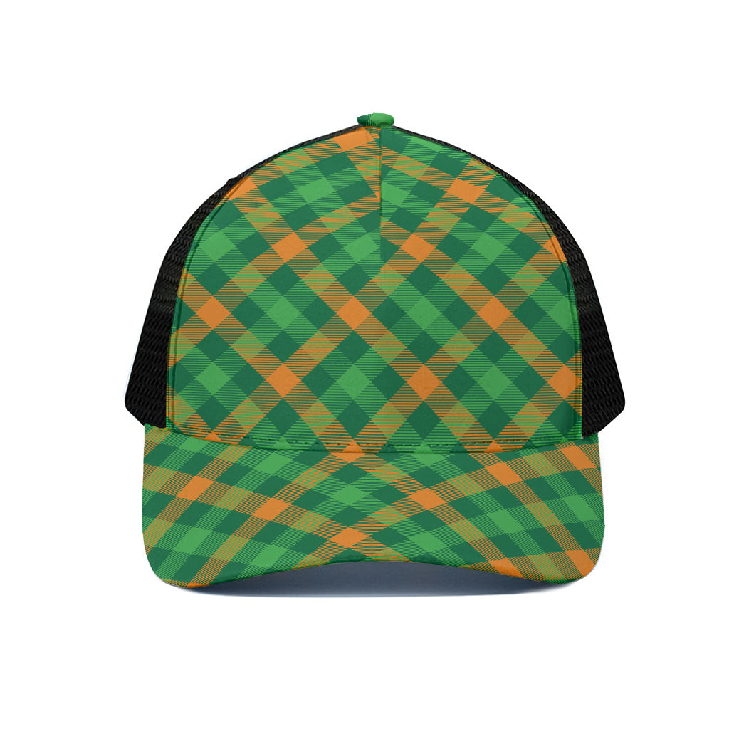 Green And Orange Buffalo Plaid Print Black Mesh Trucker Cap