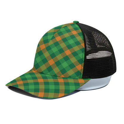 Green And Orange Buffalo Plaid Print Black Mesh Trucker Cap