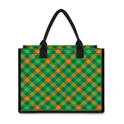 Green And Orange Buffalo Plaid Print Canvas Tote Bag
