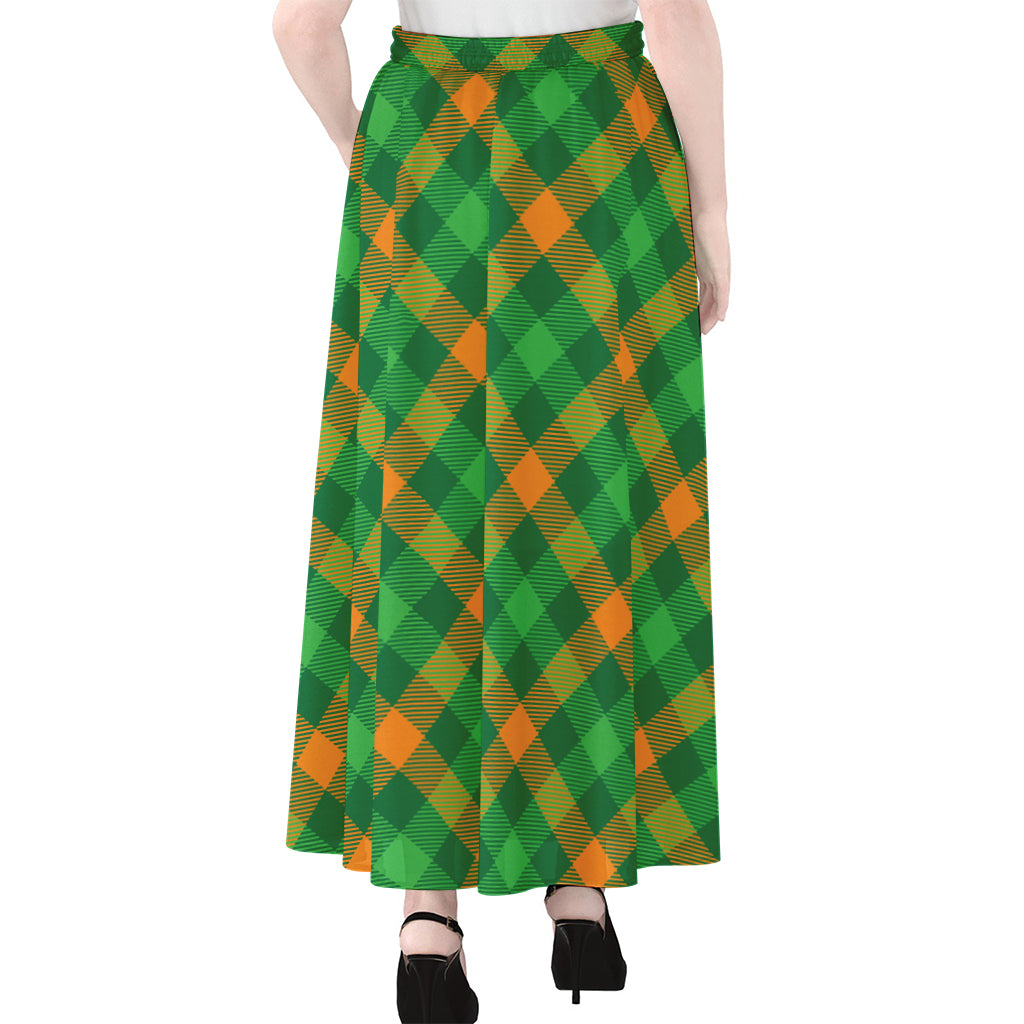 Green And Orange Buffalo Plaid Print Chiffon Maxi Skirt