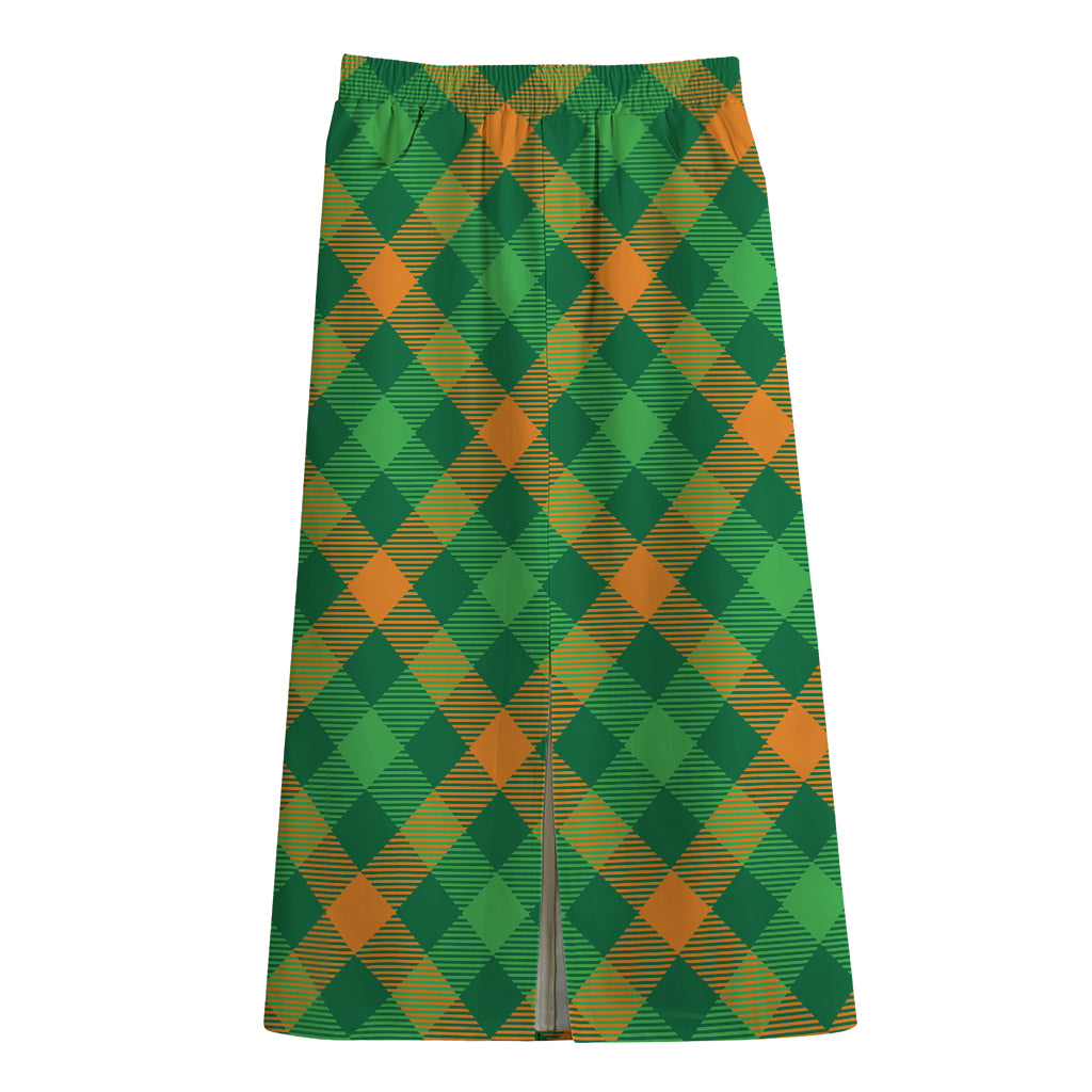 Green And Orange Buffalo Plaid Print Cotton Front Slit Maxi Skirt