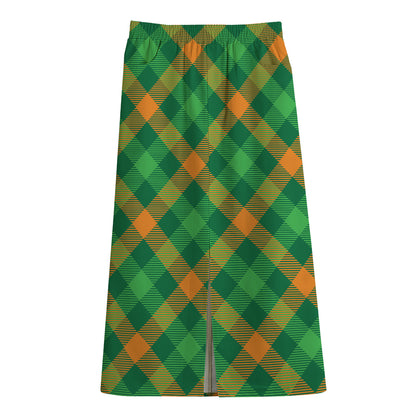 Green And Orange Buffalo Plaid Print Cotton Front Slit Maxi Skirt