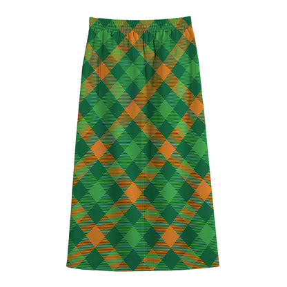 Green And Orange Buffalo Plaid Print Cotton Front Slit Maxi Skirt