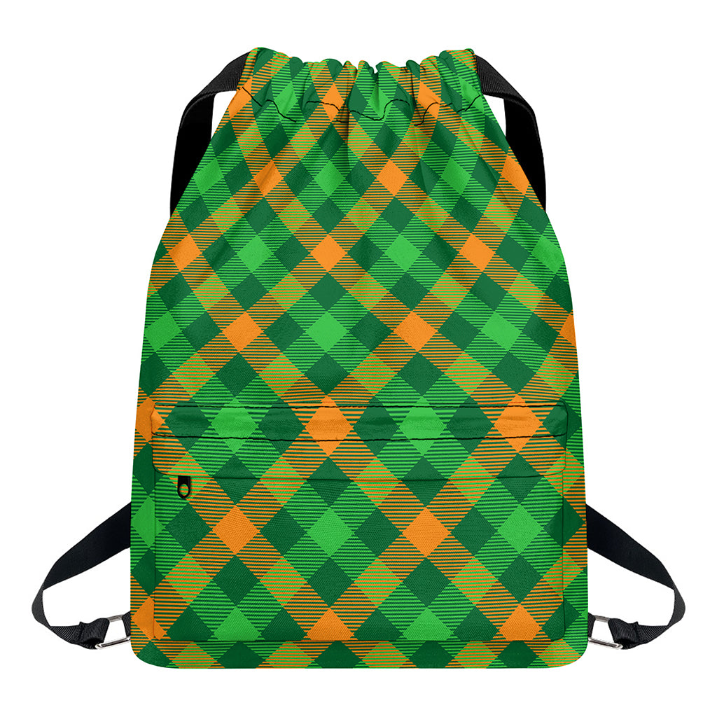 Green And Orange Buffalo Plaid Print Drawstring Backpack