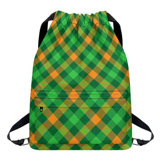 Green And Orange Buffalo Plaid Print Drawstring Backpack