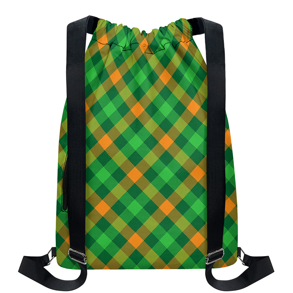 Green And Orange Buffalo Plaid Print Drawstring Backpack