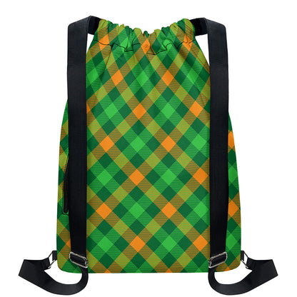 Green And Orange Buffalo Plaid Print Drawstring Backpack