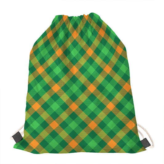 Green And Orange Buffalo Plaid Print Drawstring Bag