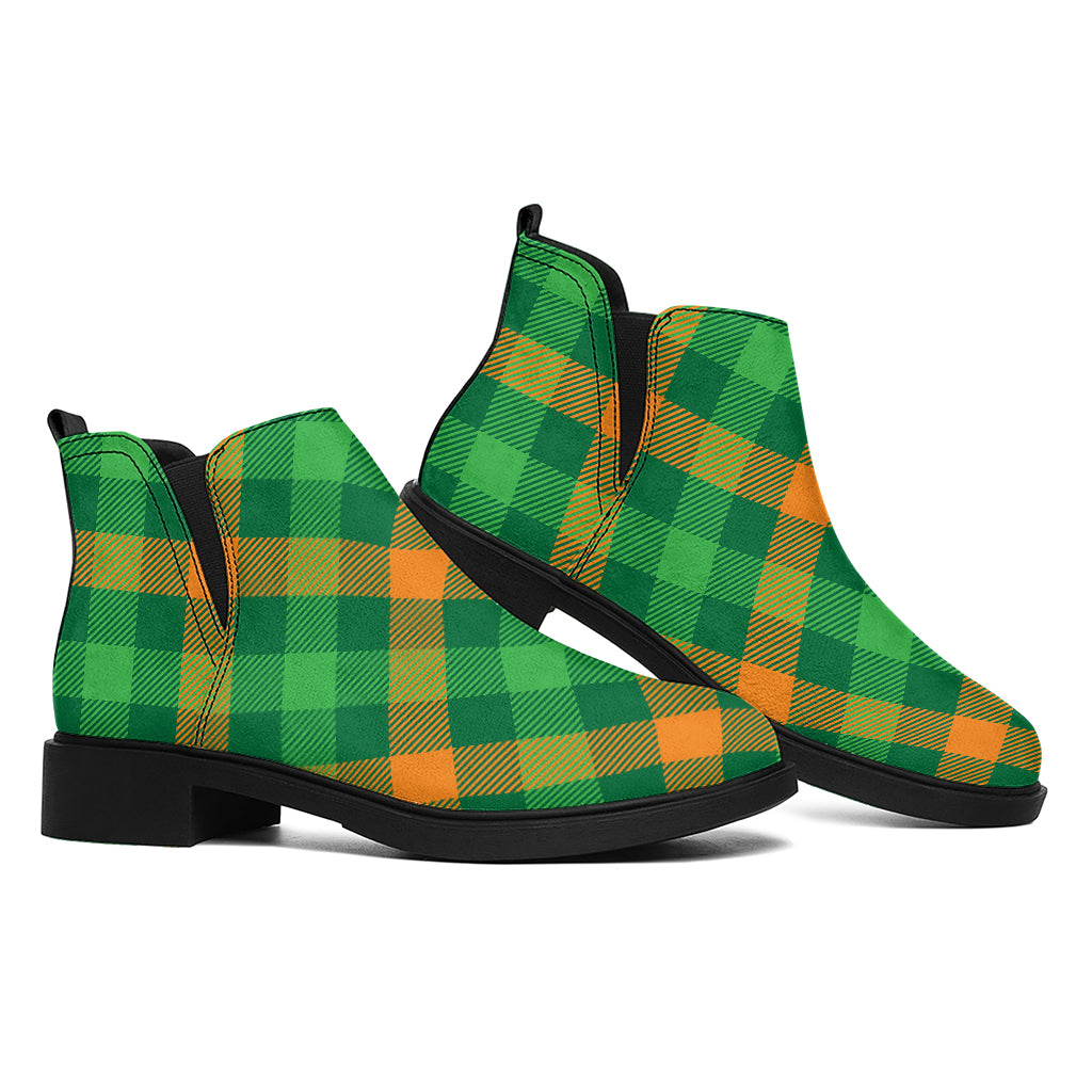 Green And Orange Buffalo Plaid Print Flat Ankle Boots