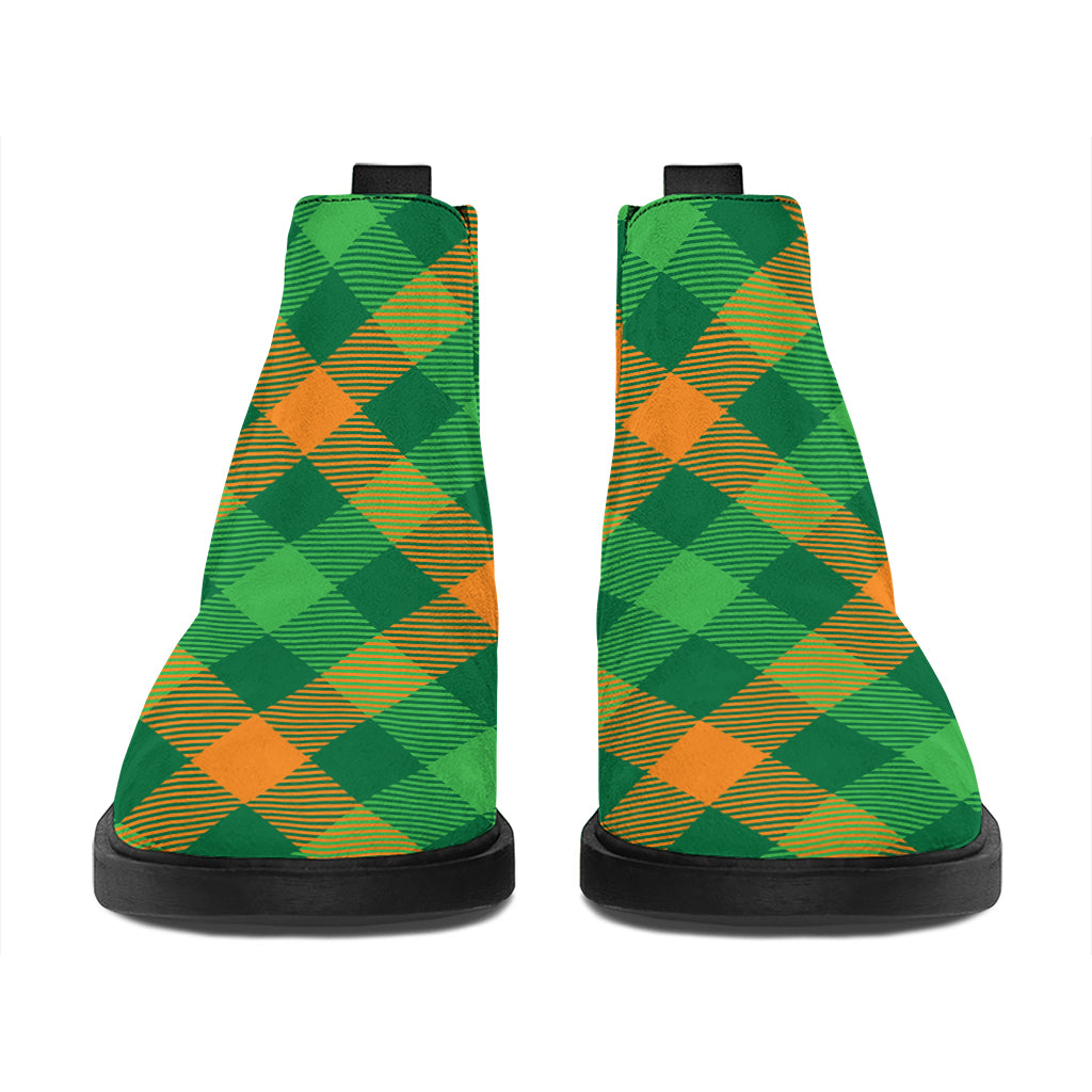 Green And Orange Buffalo Plaid Print Flat Ankle Boots