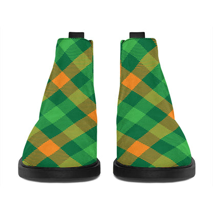 Green And Orange Buffalo Plaid Print Flat Ankle Boots