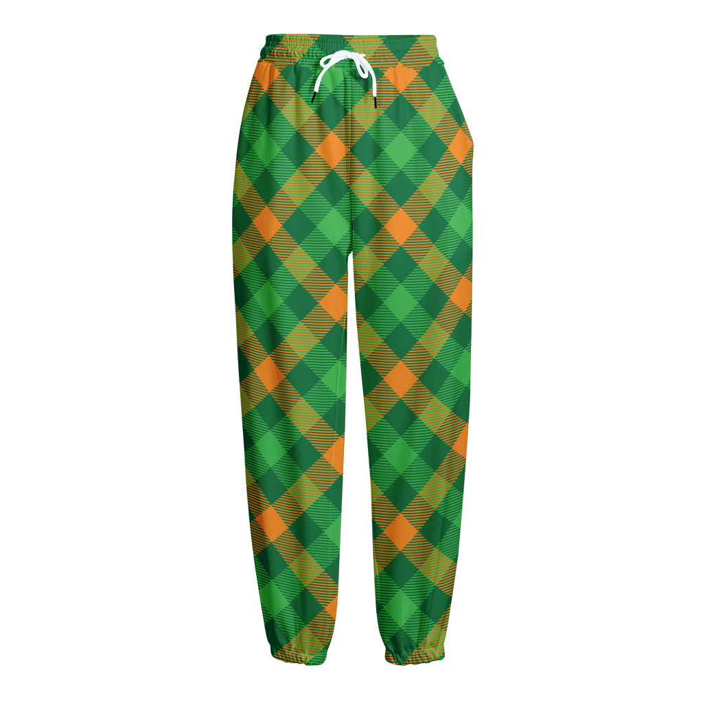 Green And Orange Buffalo Plaid Print Fleece Lined Knit Pants