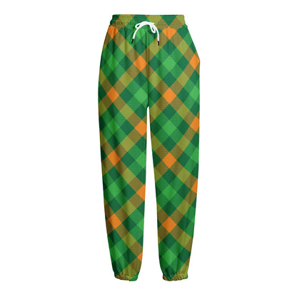 Green And Orange Buffalo Plaid Print Fleece Lined Knit Pants