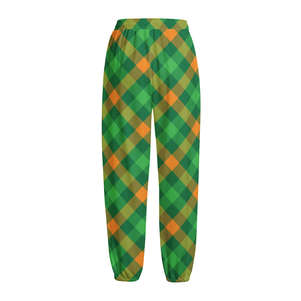 Green And Orange Buffalo Plaid Print Fleece Lined Knit Pants