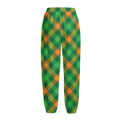 Green And Orange Buffalo Plaid Print Fleece Lined Knit Pants