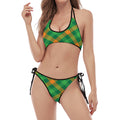 Green And Orange Buffalo Plaid Print Halter Scoop Tie Side Bikini