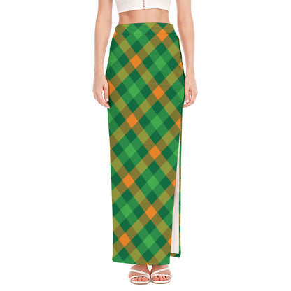 Green And Orange Buffalo Plaid Print High Slit Maxi Skirt
