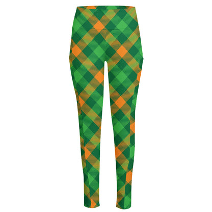 Green And Orange Buffalo Plaid Print High-Waisted Pocket Leggings