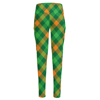 Green And Orange Buffalo Plaid Print High-Waisted Pocket Leggings
