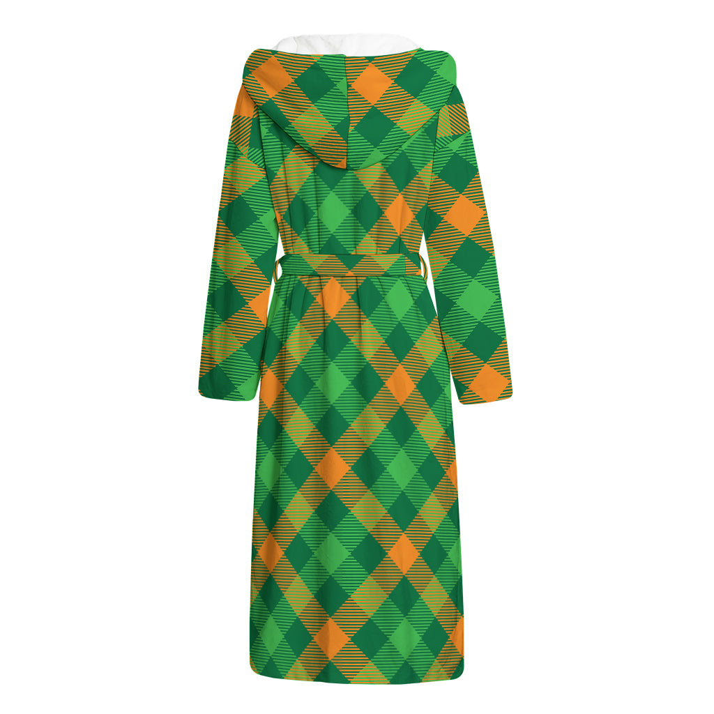 Green And Orange Buffalo Plaid Print Hooded Bathrobe
