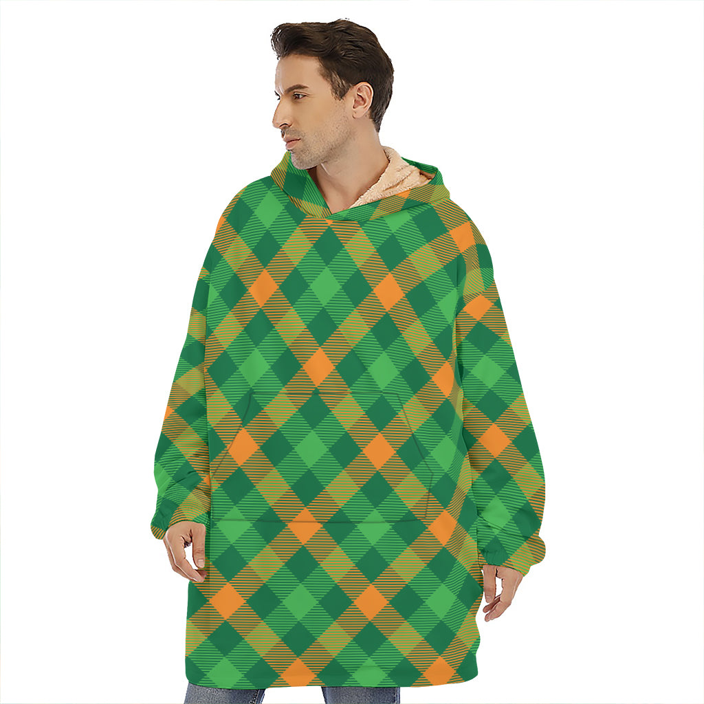 Green And Orange Buffalo Plaid Print Hoodie Blanket