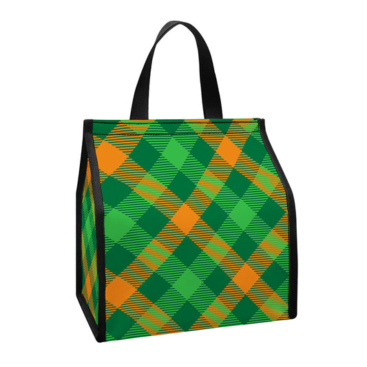 Green And Orange Buffalo Plaid Print Insulated Lunch Tote